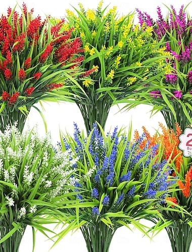  24 Bündel künstliche Blumen für den Außenbereich, künstliche Lavendelblüten, Affengras, künstliche Kunststoffpflanzen, Sträucher, UV-beständig, für Veranda, Garten, Fensterbank, Büro, Heimdekoration