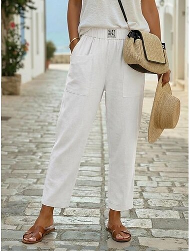  Damen Hose aus Baumwollleinen Stoffhosen Sommerhose Baggy-Hosen solide Klassisch Knöchellang Mittlere Taille Tasche Baggy Elastisches Kordelzugdesign Komfort Atmungsaktivität Weich Mikroelastisch