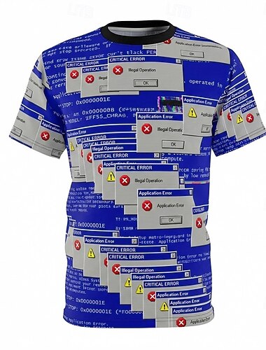  menns kritiske feil ulovlig operasjon applikasjonsfeil stopp 0x0000001e retro datamaskin glitch art vaporwave estetisk t-skjorte korte ermer rund hals heldekkende trykk vanlig passform avslappet