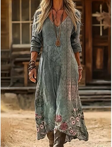  Per donna Abito Midi Abito Boho Abito Vintage Vestito Casual Vintage Classico Moderno Quotidiano All'aperto Vacanza Vestibilità comoda Floreale Manica Lunga Scollo a V Verde Primavera Autunno