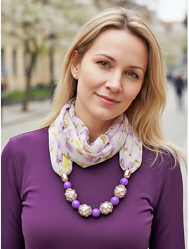  Colier eșarfă boemă din șifon pentru femei, eșarfă infinită din poliester moale cu imprimeu floral și pandantiv cu mărgele, accesoriu de modă ușor pentru femei, perfect pentru ținute casual zilnice, vacanță, călătorie
