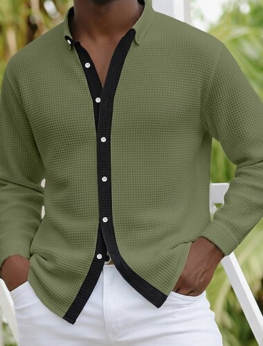  Herren Hemd Waffelhemd Freizeithemd Knopfhemd Weiß Wein Blau Grün Kaki Langarm Farbblock Revers Lässig Täglich Farbblock Bekleidung Mode Modern Lässig Bequem