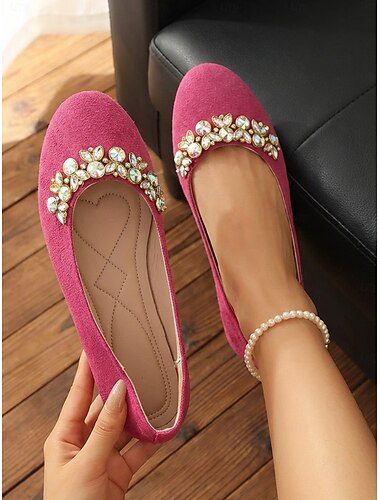  ラインストーン装飾が施されたレディースホットピンクのスエードバレエフラットシューズ - 普段使い、仕事、ショッピングに最適な快適なスリッポンウォーキングシューズ