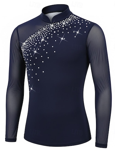 Kunstschaatstopje Voor heren Schaatsen Tops Marine Lapwerk Rekbaar Opleiding Wedstrijd Kunstschaatskleding Klassiek Kristal / Bergkristal Lange mouw Schaatsen Kunstschaatsen