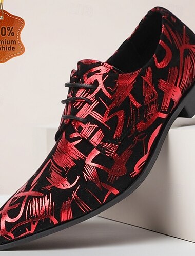  Herresko i ekte skinn med rødt kunsttrykk, unike designersko til bryllup, komfortable og moderne til bryllupsdagen