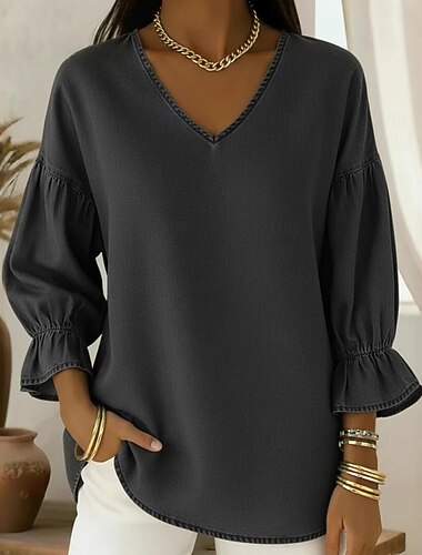  Damen Hemd Einfarbig Einfach Vintage Stilvoll Langarm V Ausschnitt Normale Oberteile Täglich Outdoor Streetwear Blau Schwarz Grün Kaki Sommer Frühling Herbst