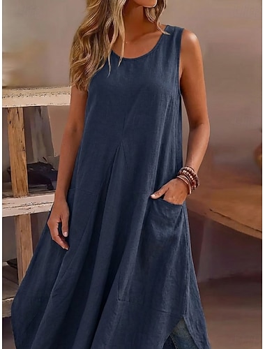  Damen Knielanges Kleid Kunstbaumwollleinen Shiftkleid Sommerkleid Trägerkleid Mode Modern Outdoor Urlaub Ferien Lässiger Schnitt Einfach Ärmellos Rundhalsausschnitt Armeegrün Marineblau Orange Beige