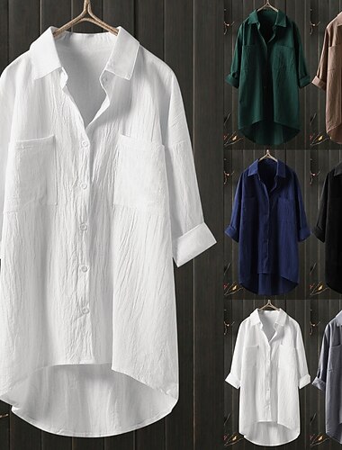  女性用 ブラウス コットンシャツ フェイクコットンリネン ボタン 純色 日常 スタイリッシュ ベーシック 長袖 シャツカラー ロングトップス 日常 ブラック ホワイト ネイビーブルー グリーン カーキ色 春 秋