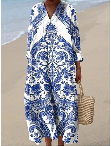  בגדי ריקוד נשים שמלת מקסי שמלת קיץ שמלה עם כיווץ במותן חופשה יום יומי בוהו חוף מפלגה מונח בצורה רפויה פרחוני גראפי גיאומטרי שרוול ארוך צווארון V כחול לבן שחור חאקי קיץ אביב סתיו