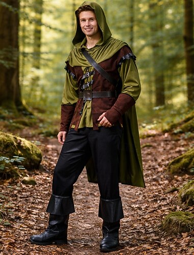  Set Rétro Vintage Médiéval Renaissance Cap Pantalon Tenues avec accessoires Elfe Ranger Déguisement Homme Halloween Carnaval Mascarade Foire de la Renaissance LARP Adulte Gilet Chemise Pantalon
