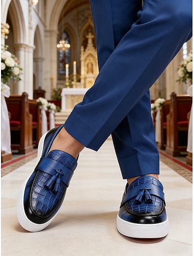  Marineblauwe loafers van echt leer voor heren, premium trouwschoenen voor de bruidegom en de gasten.