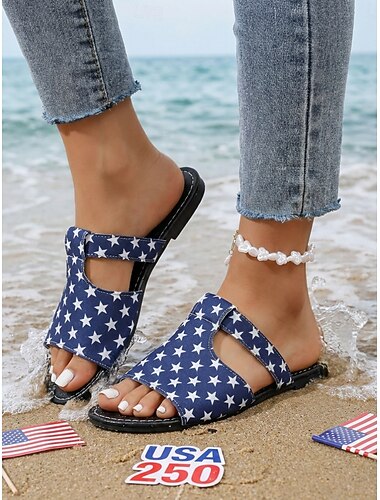  damesandaler med stjernetrykk i USA-stil for 250-årsjubileum – komfortable blå sandaler for parader, patriotiske arrangementer, uformelle utflukter og sommerfeiringer
