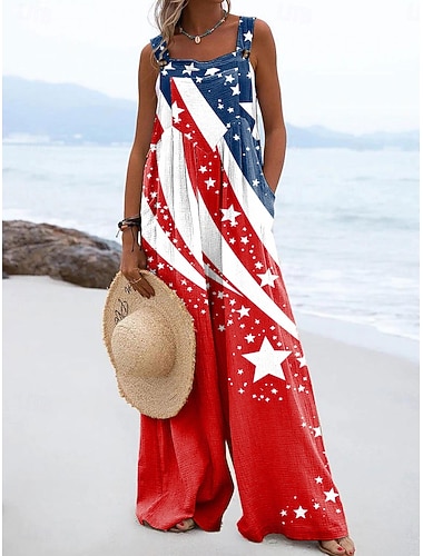  Macacão Patriótico do Dia da Independência para Mulheres Gráfico Ativo Sem Mangas Perna Larga Decote Quadrado Botões Diários Praia Solto Amarelo Vermelho Roxo Verão