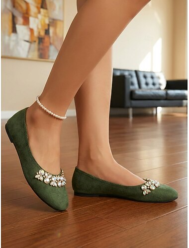  Dames ballerina's van felroze suède met strassversiering – comfortabele instapschoenen voor dagelijks gebruik, werk en winkelen.