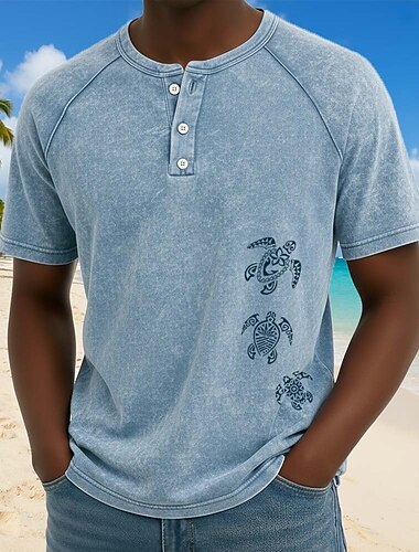  Homens Tartaruga marinha Lavado Camisetas Top Henley Camisa lavada Manga Curta Vintage Designer Casual Casual Diário Ao ar livre Verão Primavera Todas as Estações Azul Claro Roxo Cinzento Henley