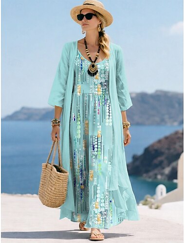  Damen Kleid-Set A Linie Kleid Urlaub Lässig Grafik Geometrie Druck Maxikleid Dreiviertelarm V Ausschnitt Strand Blau Rosa Purpur Sommer Frühling Lässiger Schnitt