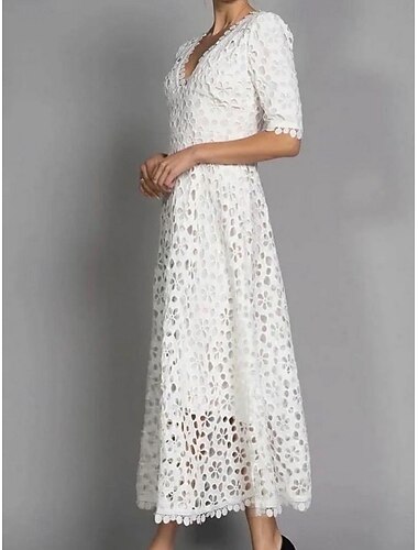  Damen Midikleid Weißes Kleid Spitzenkleid Freizeitkleid Mode Modern Outdoor Urlaub Ausgehen Normale Passform Einfach Kurzarm V Ausschnitt Weiß Sommer Frühling