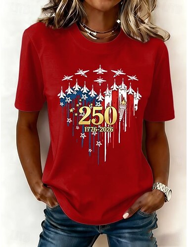  Giorno dell'Indipendenza Anniversary Americano Maglietta Patriottica da Donna Stampa Grafica Lettera Bandiera Americana Vintage Elegante Classica Manica Corta Collo Tondo Regolare Top Giornalieri Blu