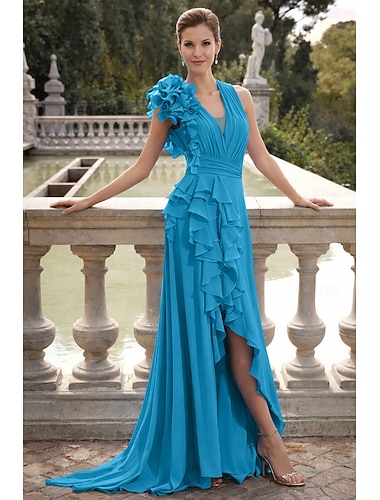  A-lijn Hofsleep Galajurken Avondjurken Baljurk  Formele kleding Bloemig Hoge splitsing Mouwloos V-hals Schoolfeest Formeel Herfst bruiloftsgast Chiffon met Geplooid Schouderbloem