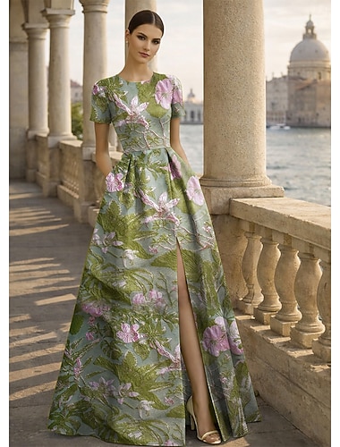  גזרת A עד הריצפה שמלות ערב שמלת נשף אלגנטית וינטאג' פרחוני שרוולים קצרים צווארון עגול קצר מסיבת חצר חתונה כיס ג'אקרד גב בדוגמת דרפה עם שסע כיס