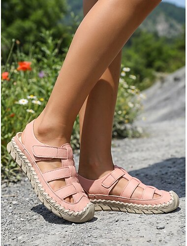  Oranje damessandalen met gesloten neus in vissersstijl - handgestikte comfortabele sportsandalen voor wandelen, reizen, casual werkdagen en dagelijks gebruik.