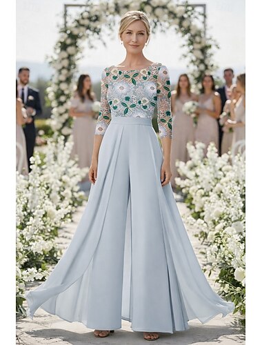  Jumpsuit / Pantsuit Buksedrakt Gulvlengde Formell kjole Kjole til brudens mor 3/4 ermer Båthals Øsehals Elegant Årgang Formell Bryllupsgjest Kirke Chiffon Blonder med Blomstertrykk Broderi