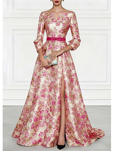  A-Linie Bodenlang Abendkleid Elegant Blumen Pastell Dreiviertelarm Quadrathals Hochzeit Formell Jacquard mit Schleife(n) Schlitz