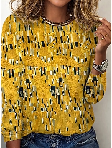  Damen T Shirt Druck Grafik Leopard Geometrisch Vintage Mode Stilvoll Langarm Rundhalsausschnitt Normale Oberteile Täglich Blau Gelb Hellgrün Rosa Marineblau Sommer Frühling Herbst