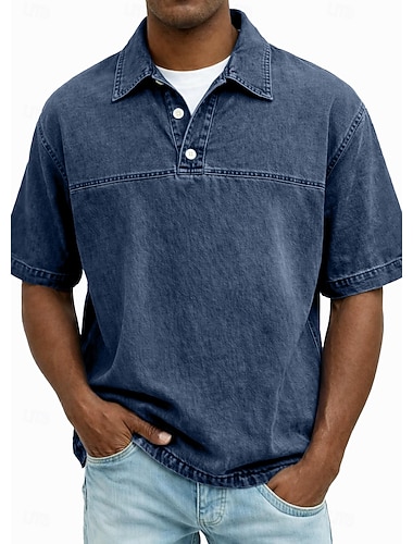  Herren Jeanshemd Baumwoll-Poloshirt Lässig Klassisch Kurzarm Mode Basic Einfarbig Vintage-Stil Knöpfe Sommer Frühling Frühling & Herbst Normale Passform Schwarz Hellgrün Rosa Marineblau Dunkelgrün