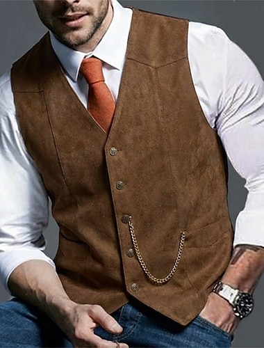  Herren Gilet Wildlederweste Lässig Täglich Outdoor Vintage Klassisch Ganzjahres Tasche V-Ausschnitt PU Mode Einfarbig Einreihig V Ausschnitt Schmale Passform Schwarz Braun Kaffee Grau Weste