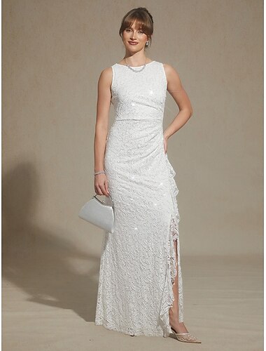  Femmes Robe maxi Robe fourreau Élégant Plage Mariage Paillettes Dentelle A Volants Coupe régulière Fleuri Sans manches Col Bateau Blanche