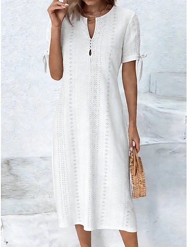  Damen Midikleid Shiftkleid Sommerkleid Urlaub Lässig Outdoor Strand Party Normale Passform Einfarbig Kurzarm V Ausschnitt Weiß Violett Sommer Frühling