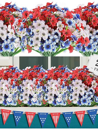  24 bunter kunstige blomster til utendørs bruk, patriotisk dekorasjon 250-årsjubileum 4. juli minnedag uavhengighetsdag falmer ikke falske plastblomster til hage veranda vinduskasse hjem, rød hvit blå