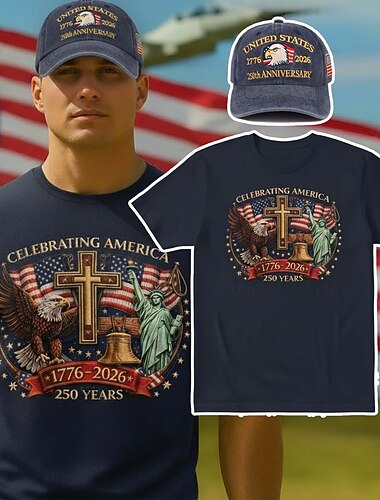  Amerikansk t-skjorte og baseballcapssett til 250-årsjubileum 1776-2026 - USA-flagg, Liberty Bell, patriotisk retro vintage, 4. juli, uavhengighetsdag, for menn og voksne