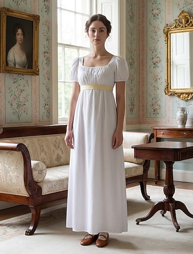  19e eeuw Regency-periode Tot de enkel Jurken Korte mouwen Prinses Vriendelijke vrouw Edelvrouw Effen Kleur Vierkante hals Kostuum Dames Koninklijk Halloween Carnaval Teaparty LARP Ren Faire