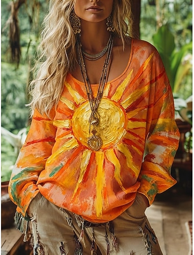  Damen Boho-T-Shirt T Shirt T-Shirt Druck Grafik Vintage Ethnisch Lässig Langarm V Ausschnitt Normale Oberteile Täglich Wochenende Urlaubskleidung Gelb Rote Orange Grün Regenbogen Frühling Herbst