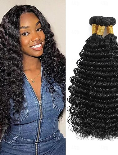  Brasilianisches Echthaar, 3 Bündel Deep Wave, Remy-Echthaar-Tressen, 12-30 Zoll, 300 g