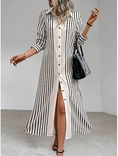  Per donna Abito Midi Abito a trapezio Casual Quotidiano Vestibilità regolare A righe Manica Lunga Bavero Nero Estate Primavera