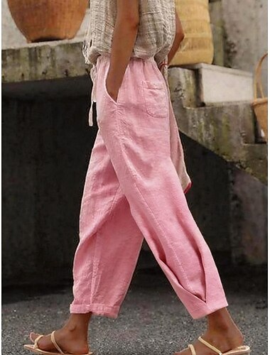  Dame Imitert bomullslin kinesisk Sommerbukser Rett Ferie Grunnleggende Fritid Full lengde Høy Midje عادي Lomme Elastisk midje comfy Komfort Myk Mikroelastisk utendørs Gate Dagligdagstøy Blå Hvit Rosa