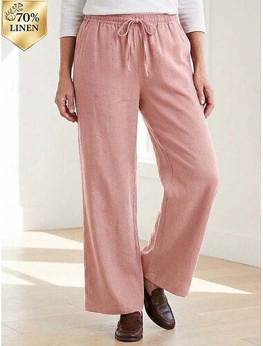  Damen Hose aus Baumwollleinen Weite Hosenbeine Weites Bein Chinos Urlaub Streetwear Basic Volle Länge Mittlere Taillenlinie Einfach Kordelzug Tasche Bequem Komfort Unelastisch Täglich Outdoor Straße