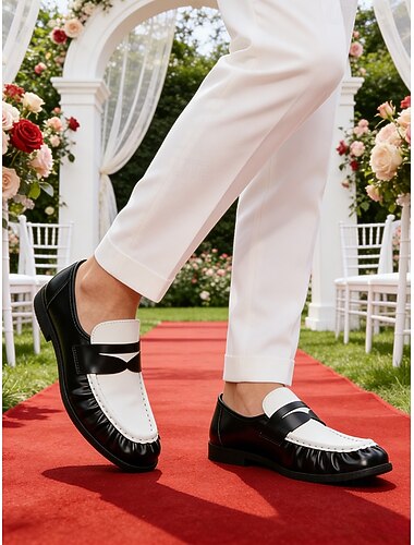  Schwarze und weiße Herren-Slipper, elegantes zweifarbiges Design, bequeme Passform für Gartenhochzeiten, formelle Anlässe und besondere Zeremonien