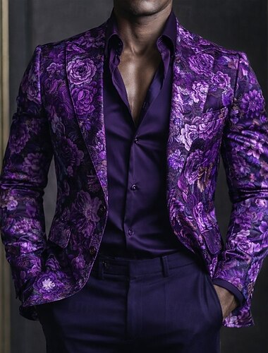  Herre Blomstermønster Blazer jakke Frakk Mote Bekvem Pustende Kunstnerisk Fritid Daglig Fest Formell 3D-utskrift Knapper Multi lomme Vår Høst vinter Med hakk Langermet Blå Lilla Brun