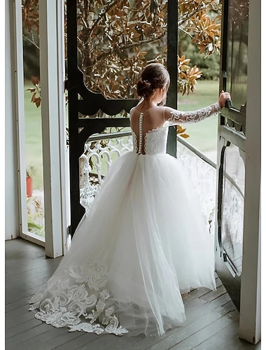  Ballkjole Sweep Børste train Blomsterpikekjole Konfirmasjon Jenter Søt ballkjole Sateng med Appliqué Elegant Passer 3-16 år