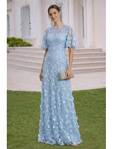  Ligne A Robe Longueur au sol Robe d'invité de mariage Robe de Cérémonie Robe de soirée Robe de Mère de Mariée  Manche Courte Col ras du cou Élégant Simple Embelli Formel Dentelle avec Fleurs 3D