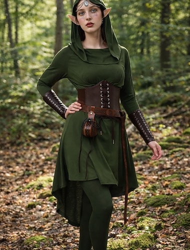  Set Rétro Vintage Médiéval Renaissance Asymétrique Robe Corset accessoire avec accessoires Manches longues Elfe Fée Déguisement Femmes Fantaisie Halloween Carnaval Foire de la Renaissance LARP Soirée