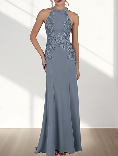  Havfrue  Trumpet Brudepikekjole Rund Utringing  Halterneck Uten Ermer Elegant Slepe  Børstetog Chiffon med Applikasjoner