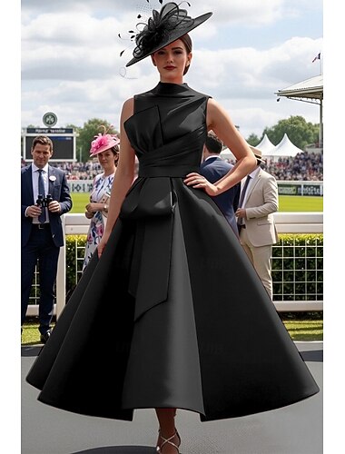  Baljurk Tot de enkel Galajurken Avondjurken Baljurk  Formele kleding Elegant Jaren '50 Kleurenblok Mouwloos Hoge nek Schoolfeest Bruiloft gast Satijn met Strik(ken)