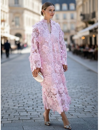  A-linje Ankellengde Kjole til brudens mor Blomstret broderikjole Cocktailkjoler Elegant Daglig Blomster Langermet V-hals Hage fest Bryllup Blonder med Blomstertrykk Brodert blomst Broderi