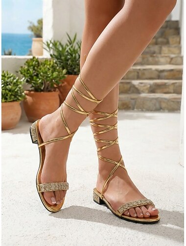  Zwarte gladiatorsandalen met bandjes voor dames - chique platte sandalen met veters en strassdetails, perfect voor buitenresorts en tropische vakanties. &strandavonden