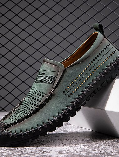  Herresko i kunstskinn, grønne, uformelle slip-ons, komfortable og pustende utendørssko for strandferie og avslappede sommeraktiviteter